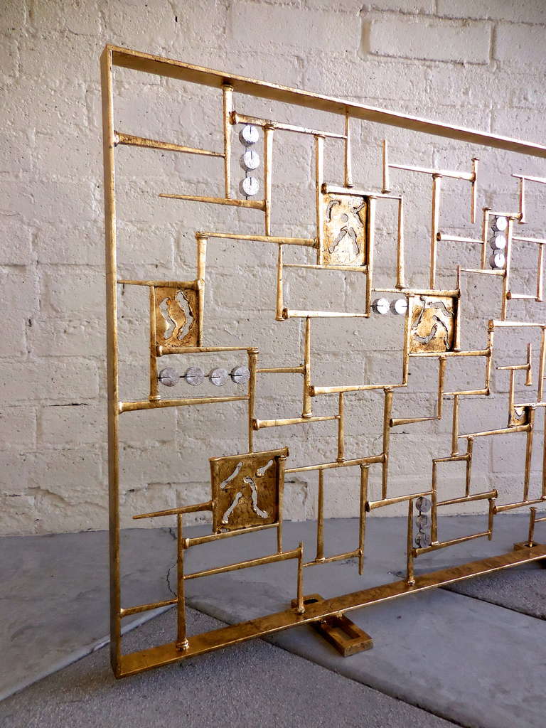 American Hand Fabricated Gold Leafed Steel Modernist Fire Screen by Sculptor Del Williams
