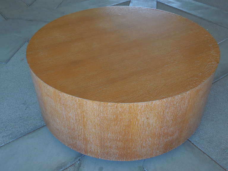 Mid-Century Modern Cerused Oak Large Circular Drum Coffee Table
