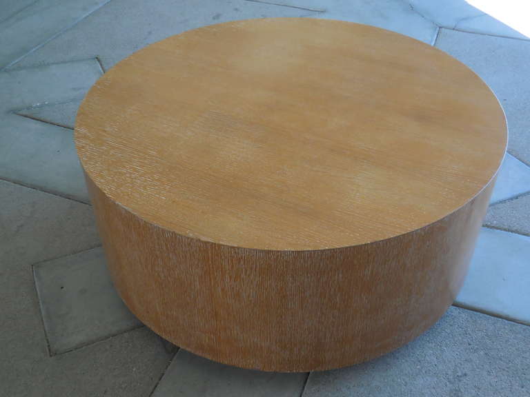Cerused Oak Large Circular Drum Coffee Table In Excellent Condition In Palm Springs, CA