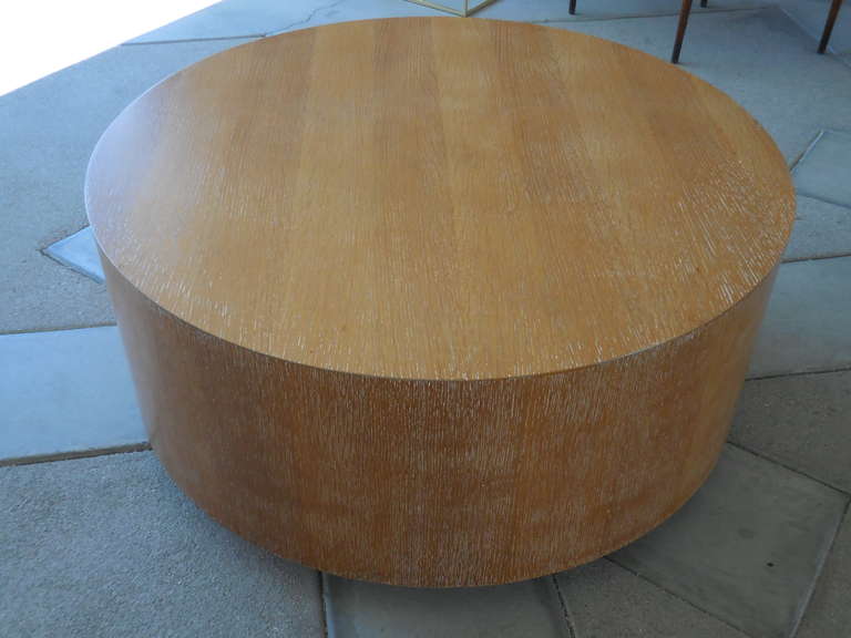 A dynamic cerused oak large circular drum coffee table on recessed polished chromed steel base circa 1970s.