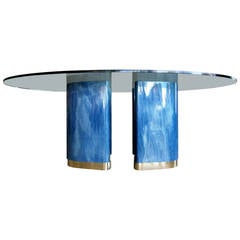 Vibrant Brass and Lacquered Batik Covered Oval Dining Table C 1970s