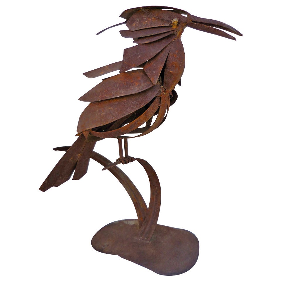Vintage Weathered Metal Sculpture of a Large Crow