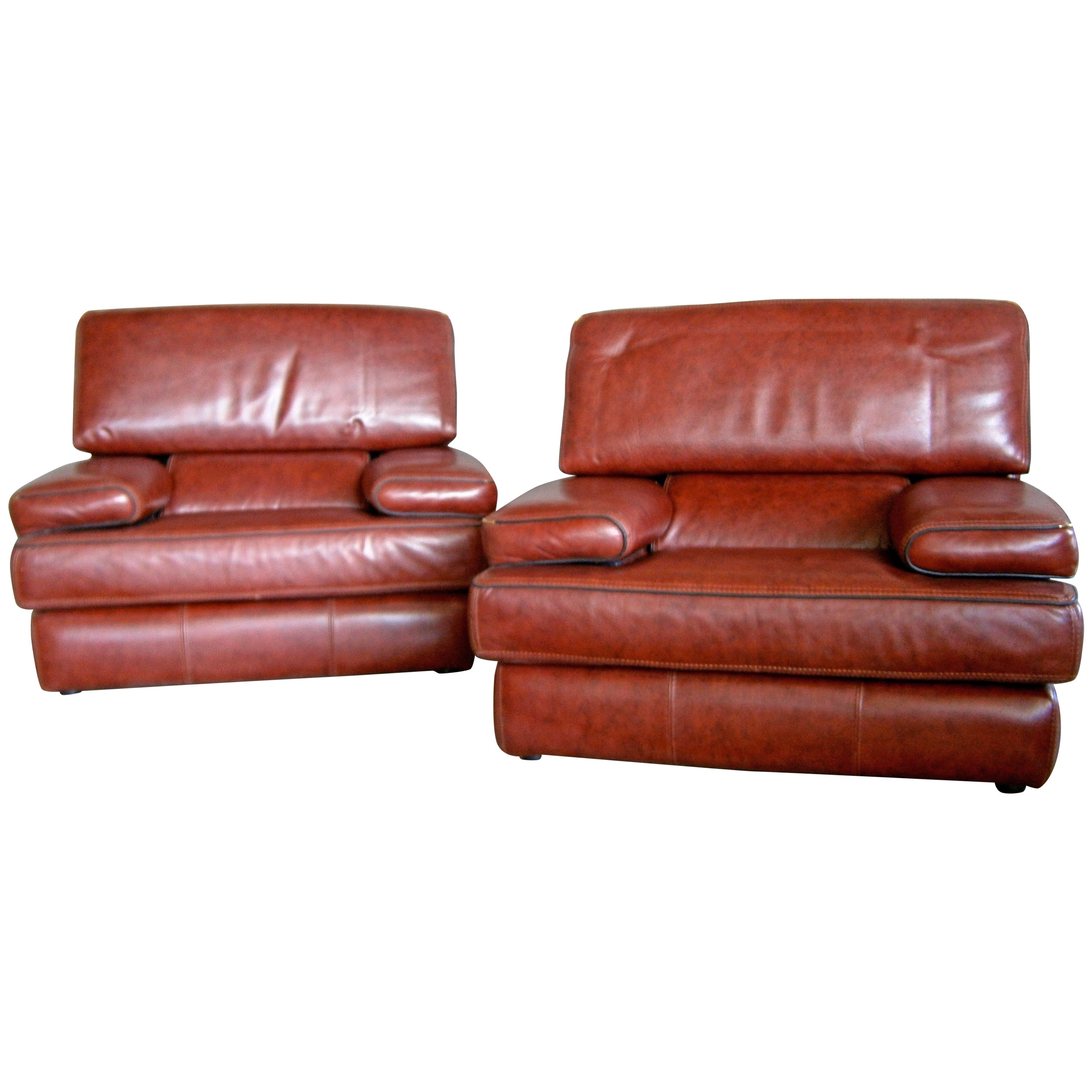 Handsome Pair of Leather Club Chairs in the Style of De Sede For Sale