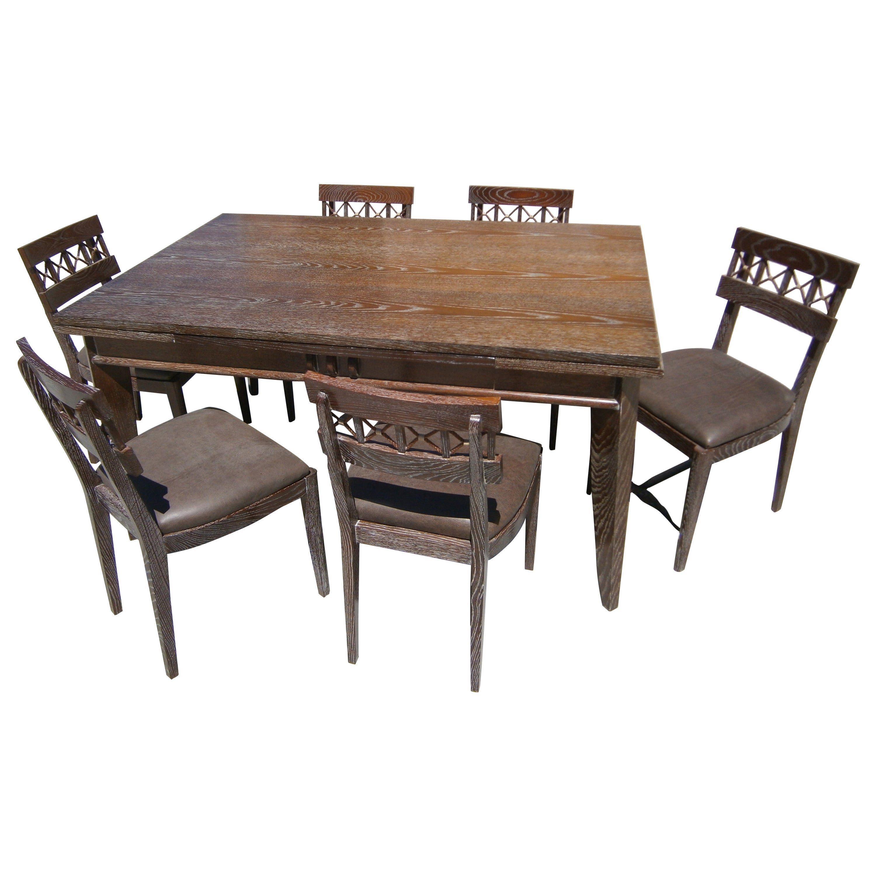 Cerused French Oak Dining Table and Six Chairs by Charles Dudouyt, circa 1940 For Sale