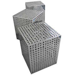Group of Three Large Nickel-Plated Pierced Steel Cube Table Bases
