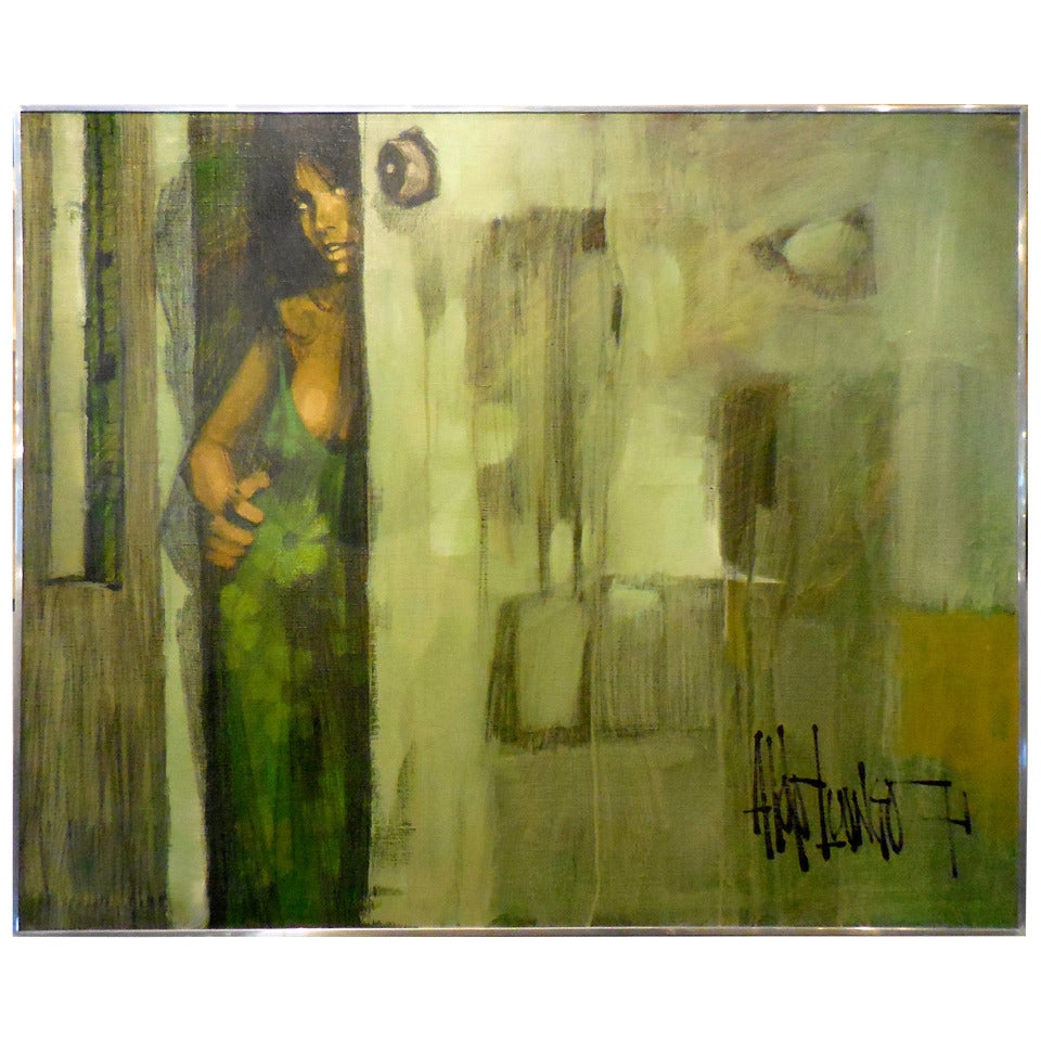 "Girl in Doorway" An Original 1970's Painting by American Artist Aldo Luongo