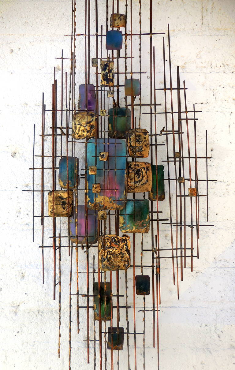 American Beautifully Scaled 1950s Gilded Metal and Enamel Wall Sculpture