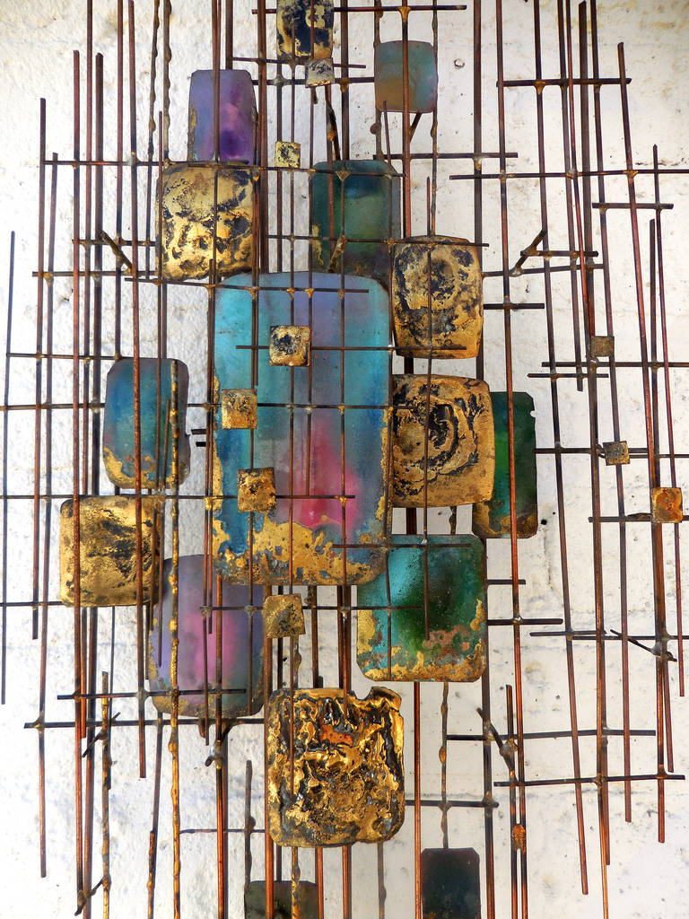 Beautifully Scaled 1950s Gilded Metal and Enamel Wall Sculpture In Excellent Condition In Palm Springs, CA