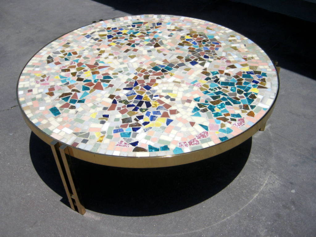 A custom mosaic topped brass base coffee table c.1960's