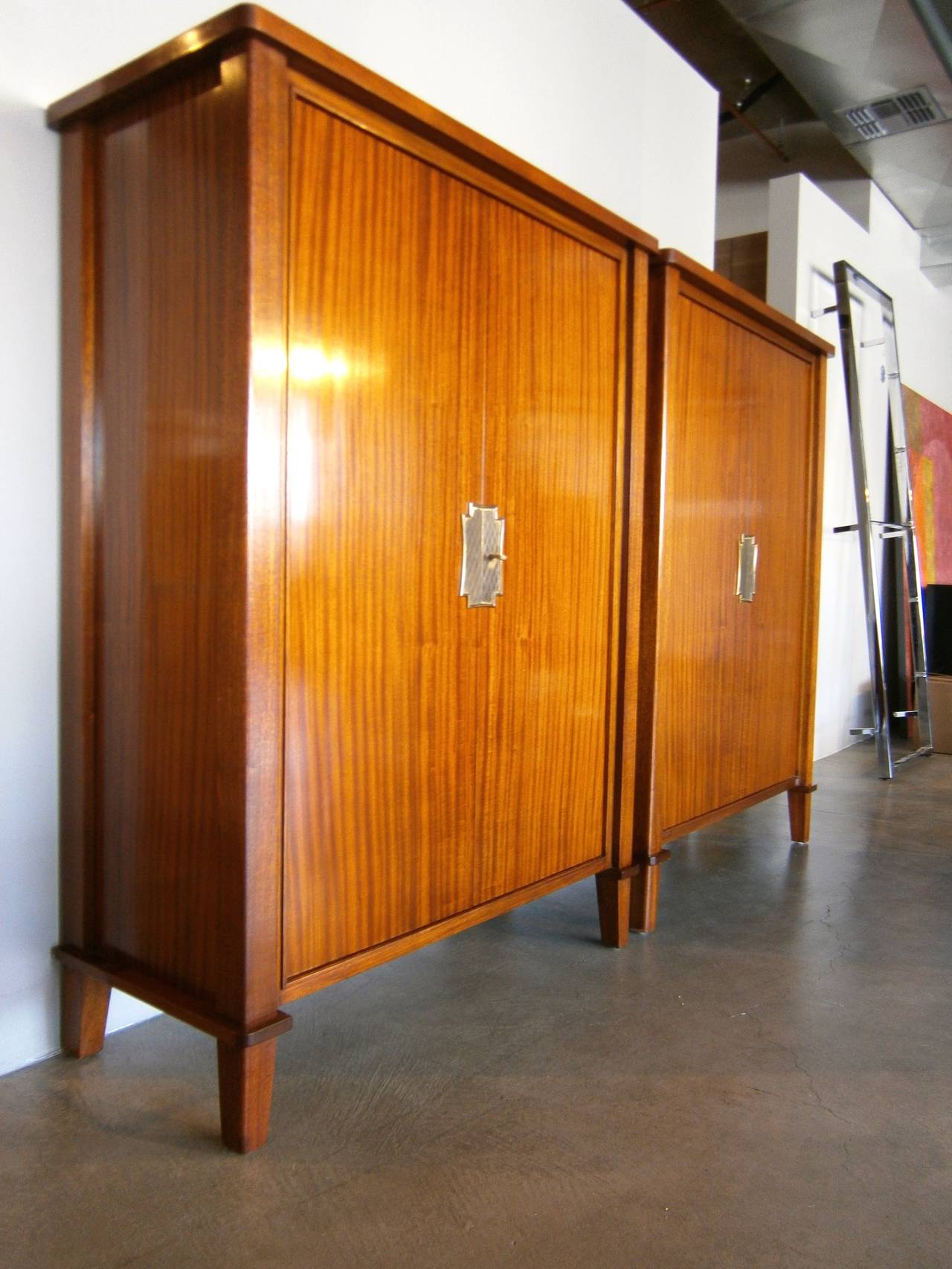 Art Deco Pair of French Mahogany Cabinets with Metalwork Attributed to Gilbert Poillerat For Sale