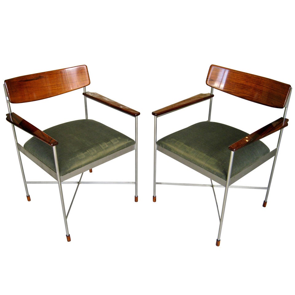 Pair of Steel and Rosewood Armchairs. Attributed to Saporiti C. 1960's