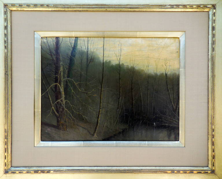 Melancholy Late 19th Century Oil on Panel of a Winter Scene with Lone Stork