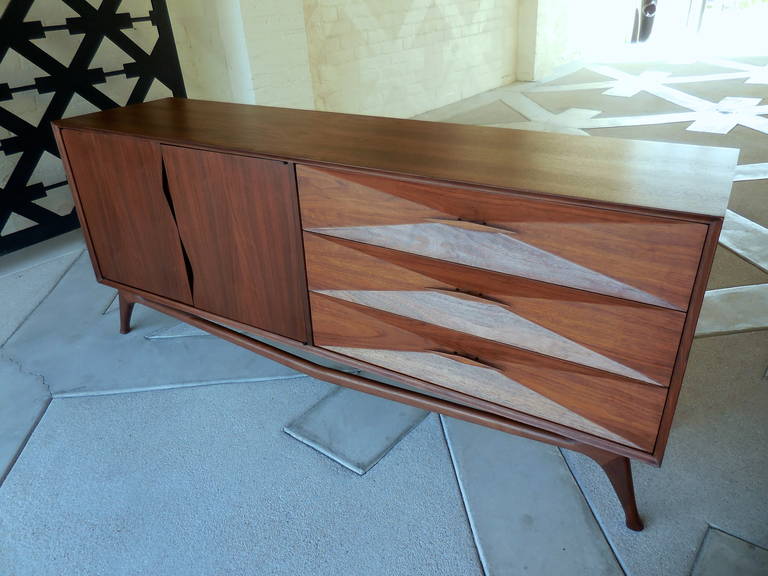American Superb 1950's Walnut Diamond Fronted Cabinet by Albert Parvin