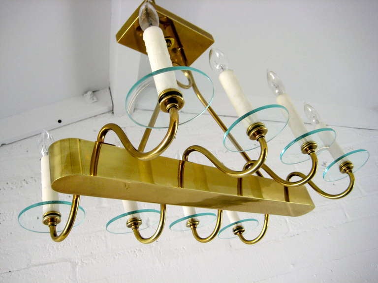 Mid-Century Modern Solid Brass and Glass Elongated Ceiling Fixture For Sale