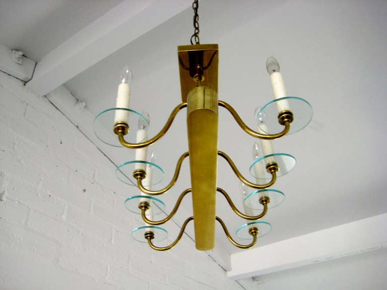 American Solid Brass and Glass Elongated Ceiling Fixture For Sale