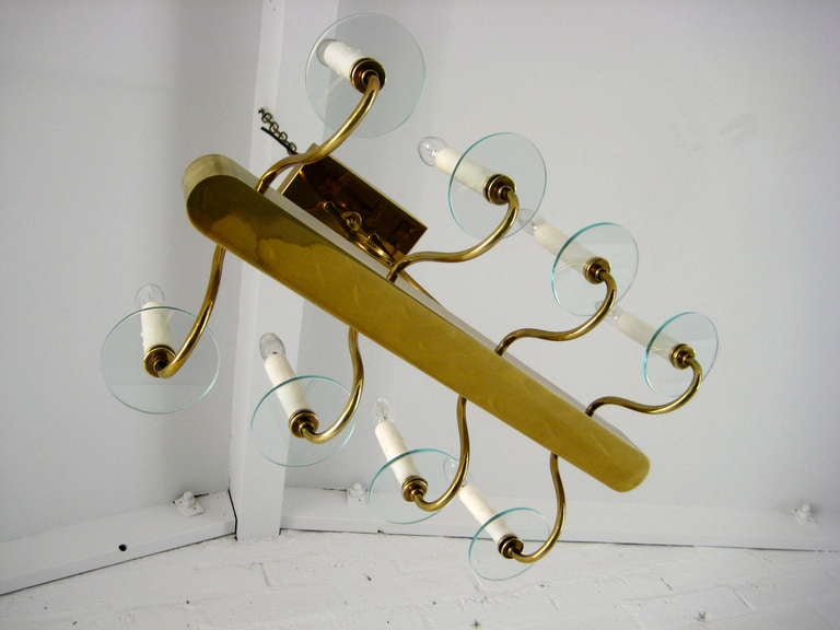 Mid-20th Century Solid Brass and Glass Elongated Ceiling Fixture For Sale