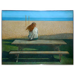Used "Picnic Bench, East Beach" A 1972 Oil on Canvas by American Artist Wade Reynolds