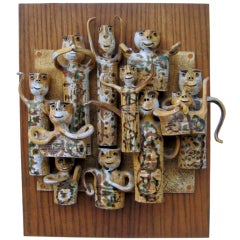 Whimsical Studio Pottery Wall Sculpture by Hal Fromhold c 1960