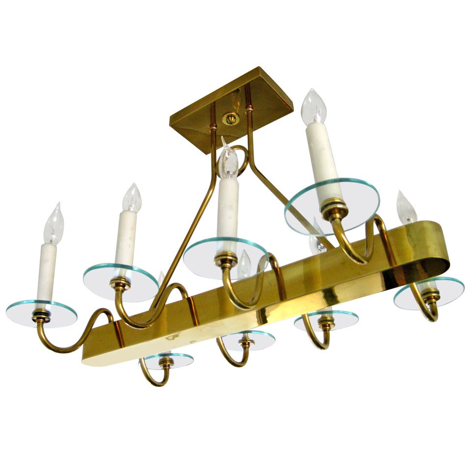Solid Brass and Glass Elongated Ceiling Fixture For Sale