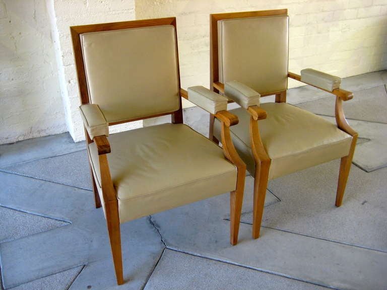 French Pair of Sycamore and Leather Armchairs in the Style of Andre Arbus