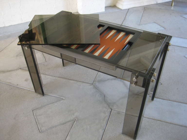 Mid-Century Modern A Vintage Backgammon Table In Smoked Acrylic With Chrome Fittings. C. 1980.
