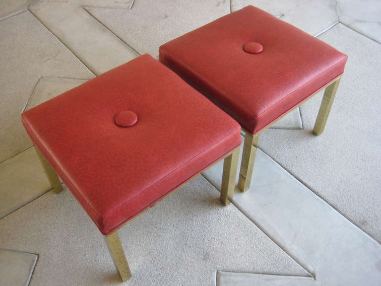 A Pair of Vintage Square Parson Style Solid Brass Ottomans. C. 1960.