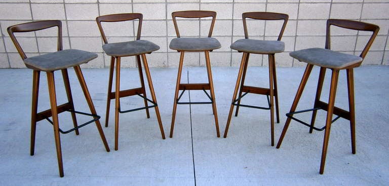 A set of five Rosengren Hansen walnut stained teak bar stools c. 1960's.
