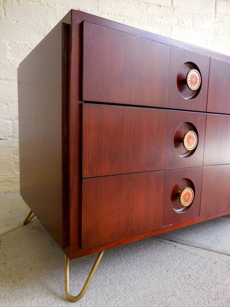 Mahogany Six-Drawer Low Chest with Enameled Brass Drawer Pulls, circa 1950s