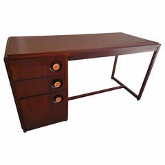 Vintage Mahogany Three-Drawer Desk with Enameled Brass Pulls, circa 1950s