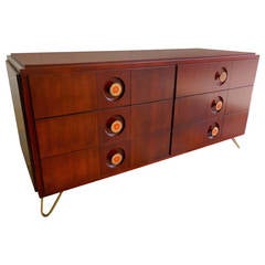 Mahogany Six-Drawer Low Chest with Enameled Brass Drawer Pulls, circa 1950s