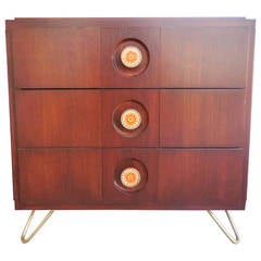 Mahogany Three-Drawer Low Chest with Enameled Brass Drawer Pulls, circa 1950s