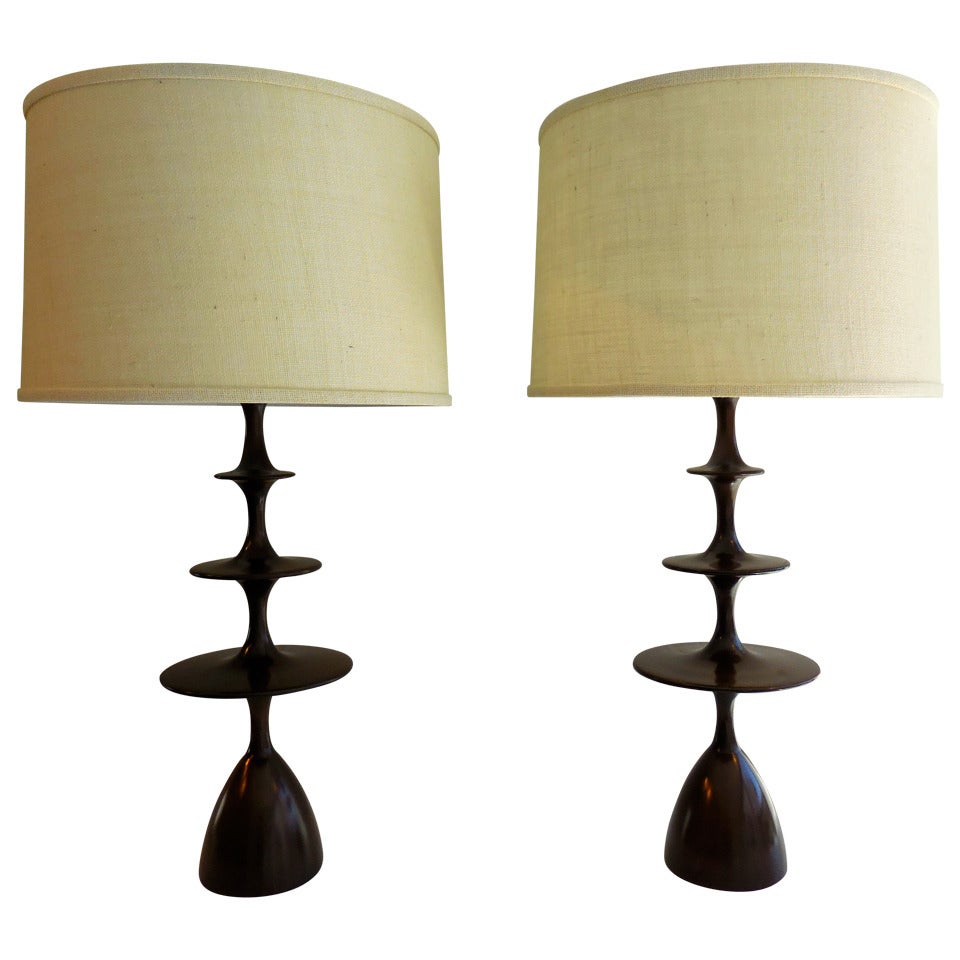 Pair of Polished Walnut "Metro Lamps" by Christopher Anthony Ltd For Sale