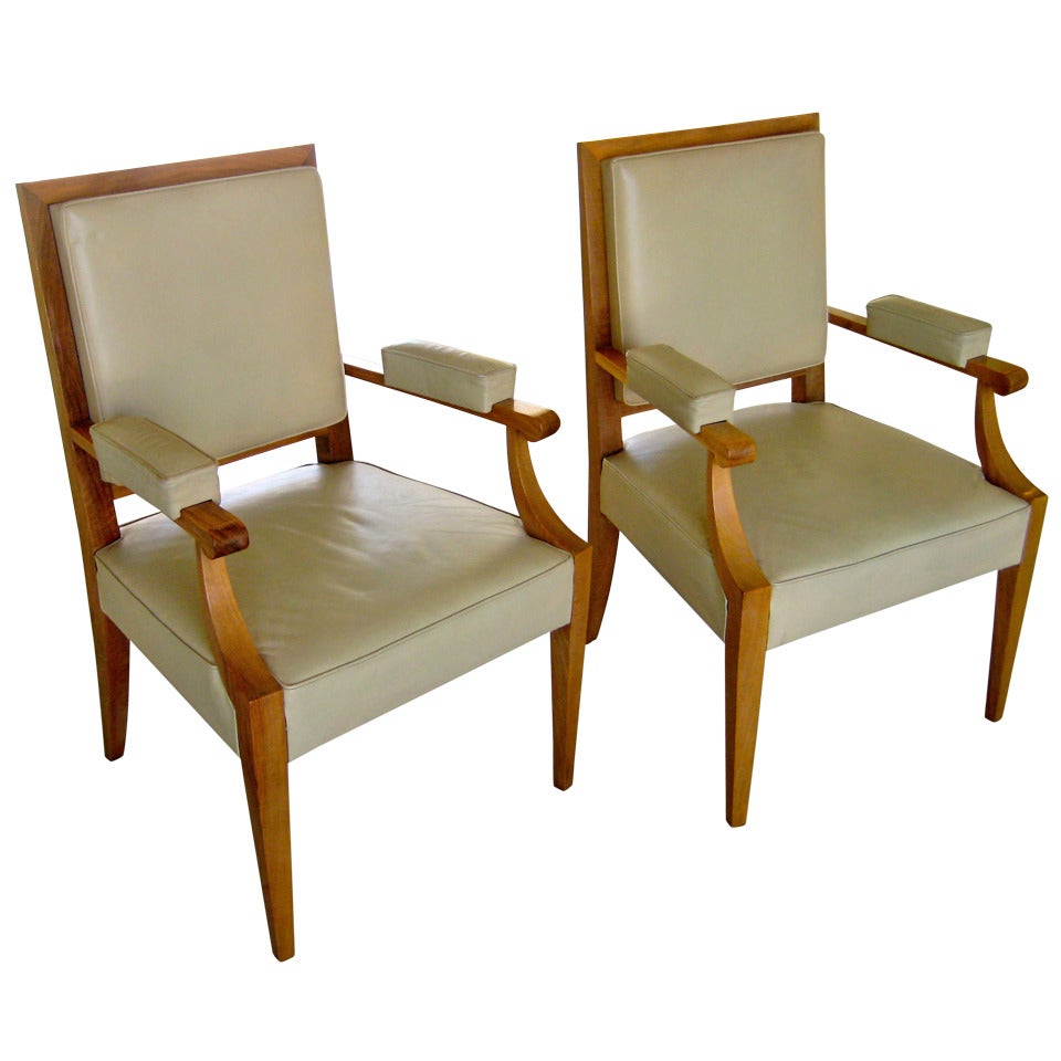 Pair of Sycamore and Leather Armchairs in the Style of Andre Arbus