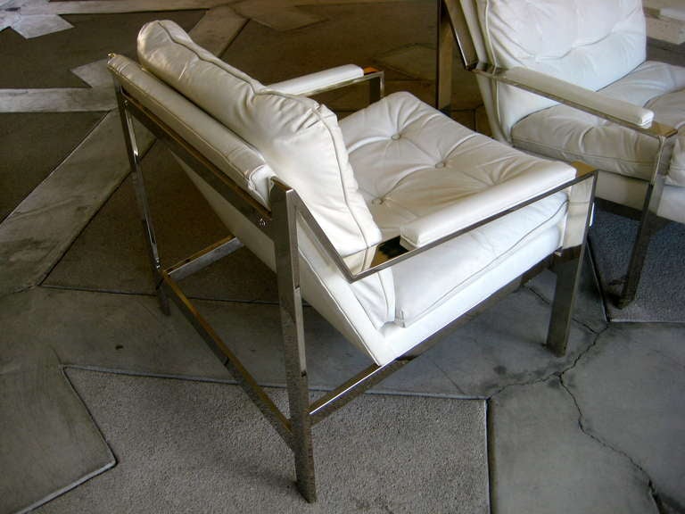 Steel Pair of White Leather Lounge Chairs by Cy Mann