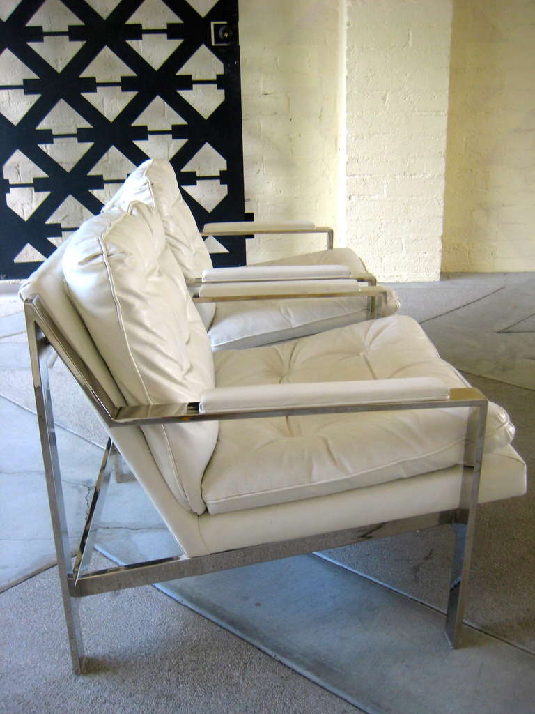 Pair of White Leather Lounge Chairs by Cy Mann 2