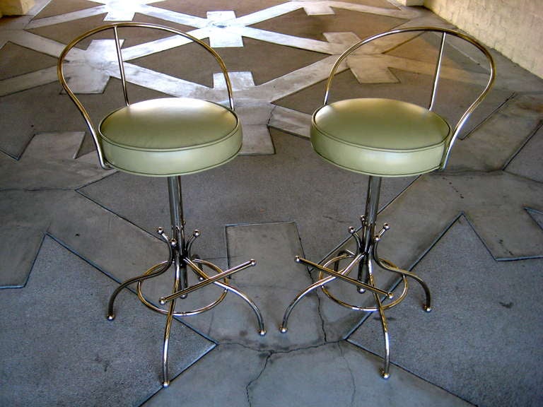 Mid-Century Modern A pair of nickel plated steel bar stools manufactured by Hudson-Rissman C. 1965