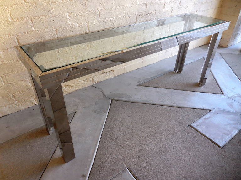 Vintage Nickel-Plated Metal and Lucite Console Table with Glass Top, circa 1980s