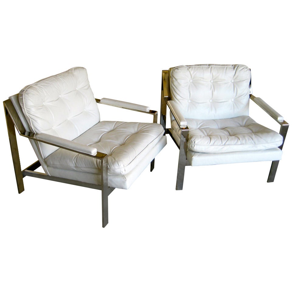 Pair of White Leather Lounge Chairs by Cy Mann