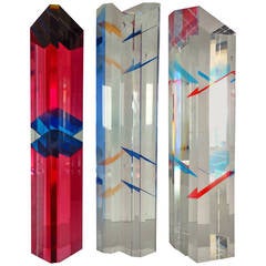 Trio of Tall Lucite "Skyscraper" Sculptures, circa 1988