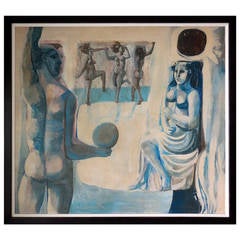Vintage Fascinating circa 1961 Modernist Painting in a "Blue Period" Style by "Barnhart"