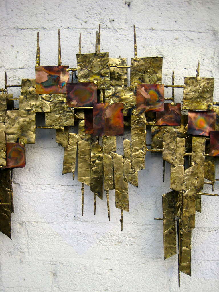 American A 1960's Gilded Steel And Copper Wall Sculpture Attributable To Peter Pepper Products
