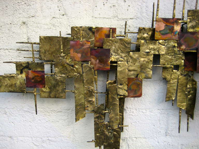 A 1960's Gilded Steel And Copper Wall Sculpture Attributable To Peter Pepper Products In Excellent Condition In Palm Springs, CA