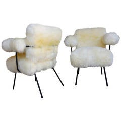 Used Pair of 1950s Iron Framed Mid-Century Chairs with Genuine Yeti Fur Covering