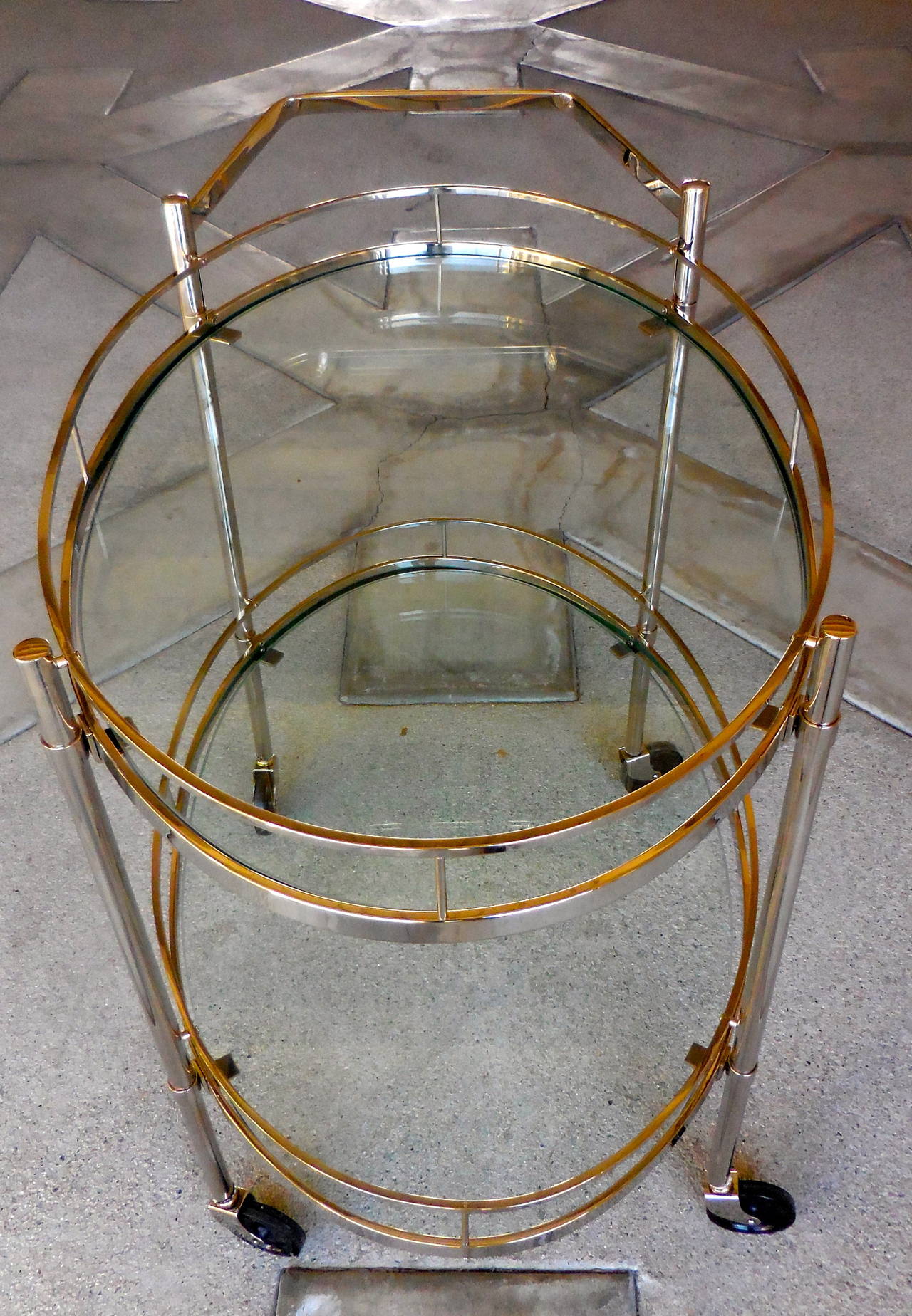 Glass Nickel-Plated Oval Serving Cart Attributed to Maxwell-Phillips, circa 1950s