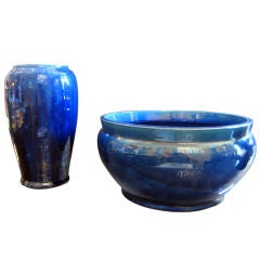 A Royal Blue Glazed Japanese  Awaji Bowl and Vase