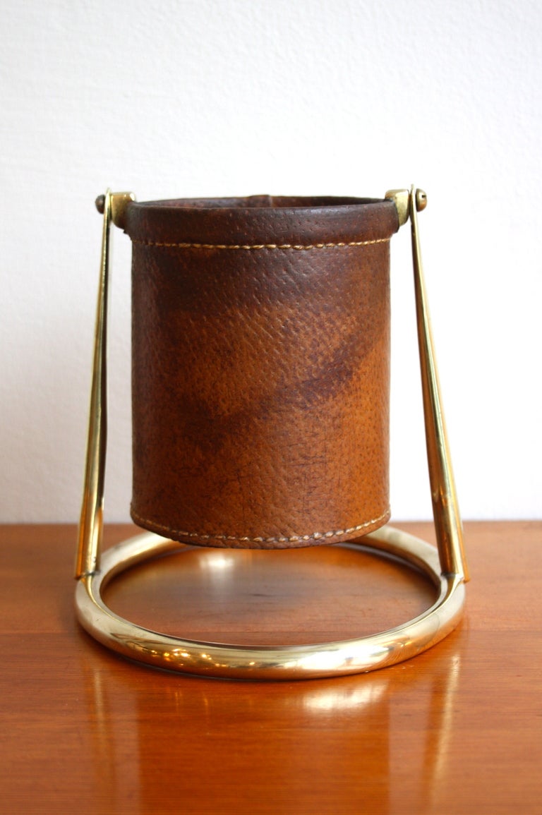 Austrian 1950s Leather and Brass Bottle Holder