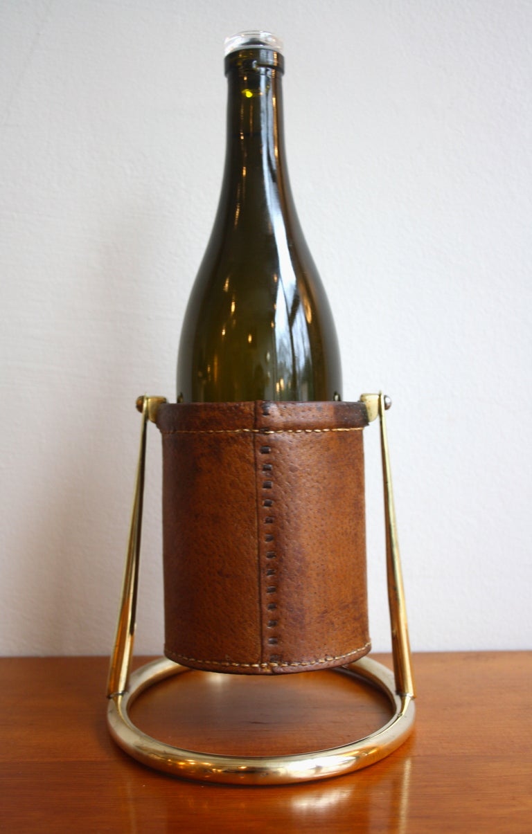 1950s Leather and Brass Bottle Holder In Excellent Condition In London, GB