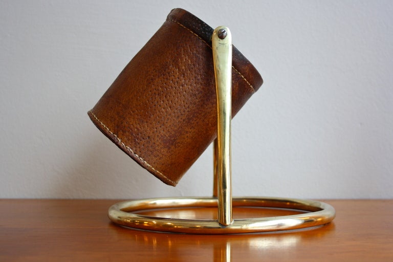 Mid-Century Modern 1950s Leather and Brass Bottle Holder