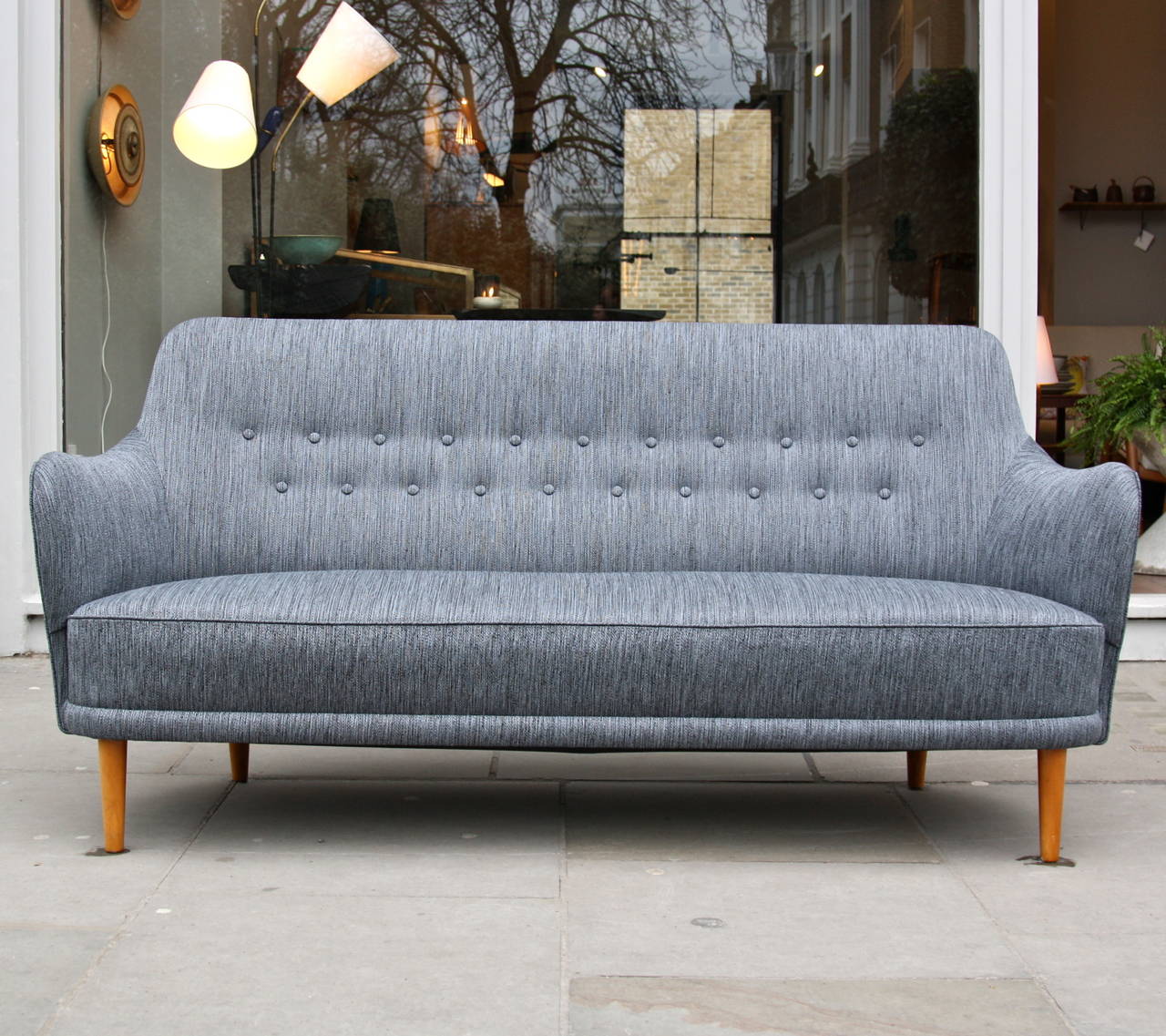 Carl Malmsten two seats sofa, reupholstered in two tones textile.