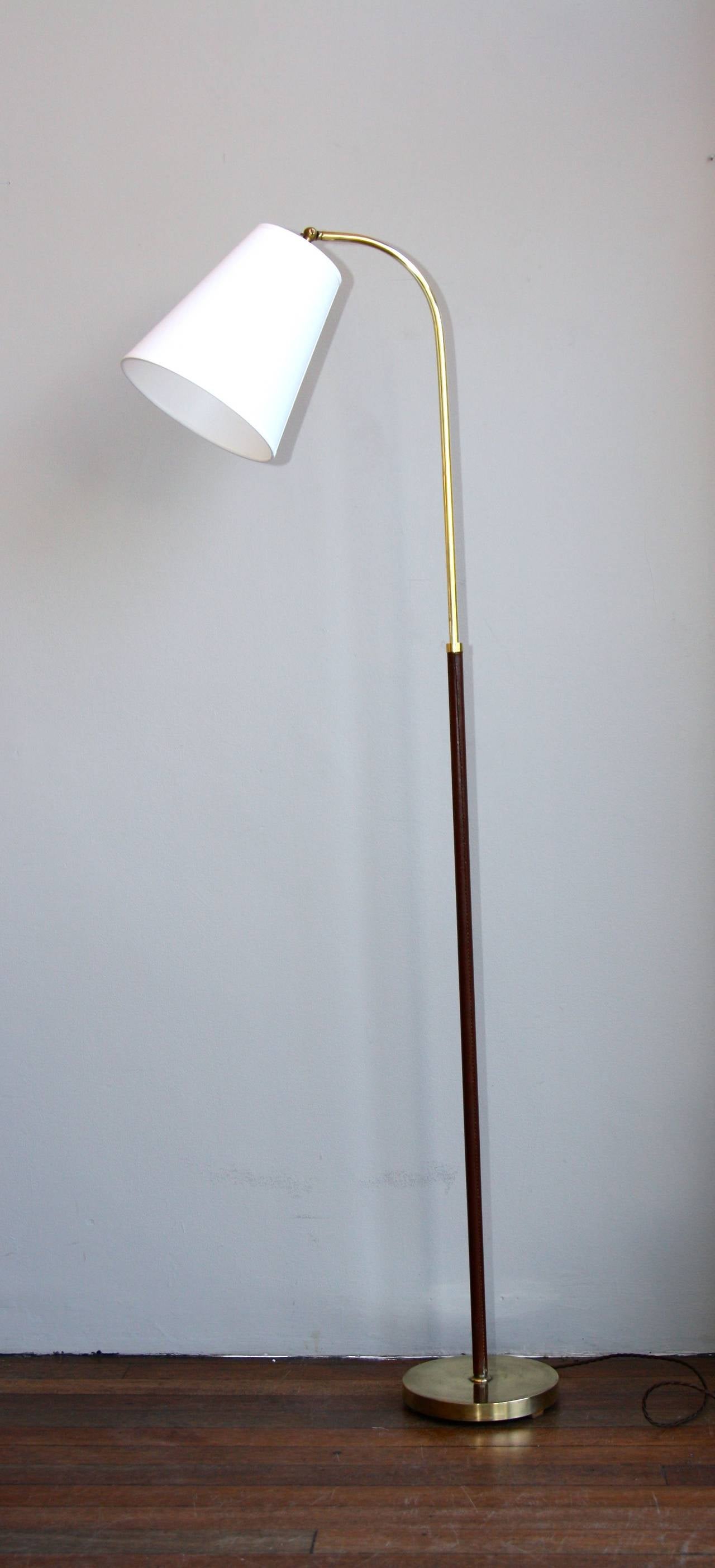 Scandinavian Modern Leather and Brass Floor Light